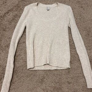 Cream Ribbed Long Sleeve Sweater